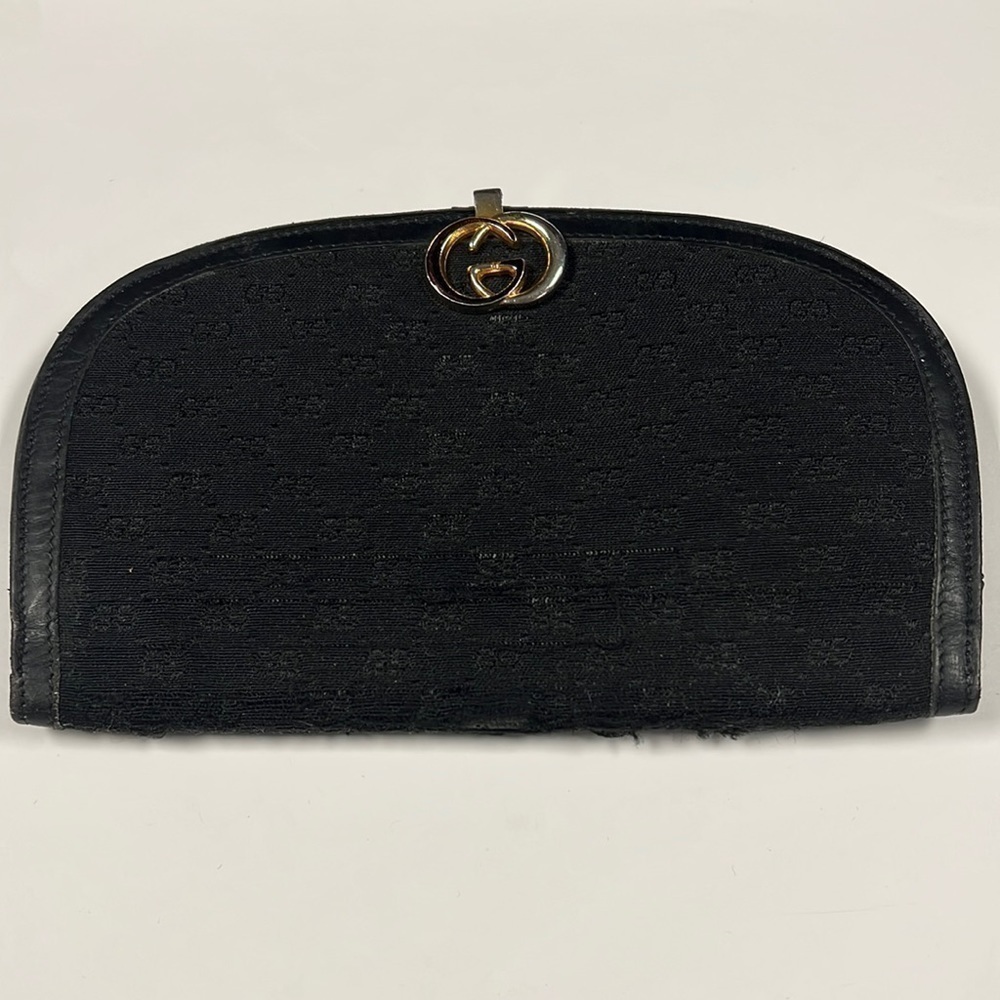 Gucci Vintage Black Double GG Canvas and Leather Bifold Clutch Bag